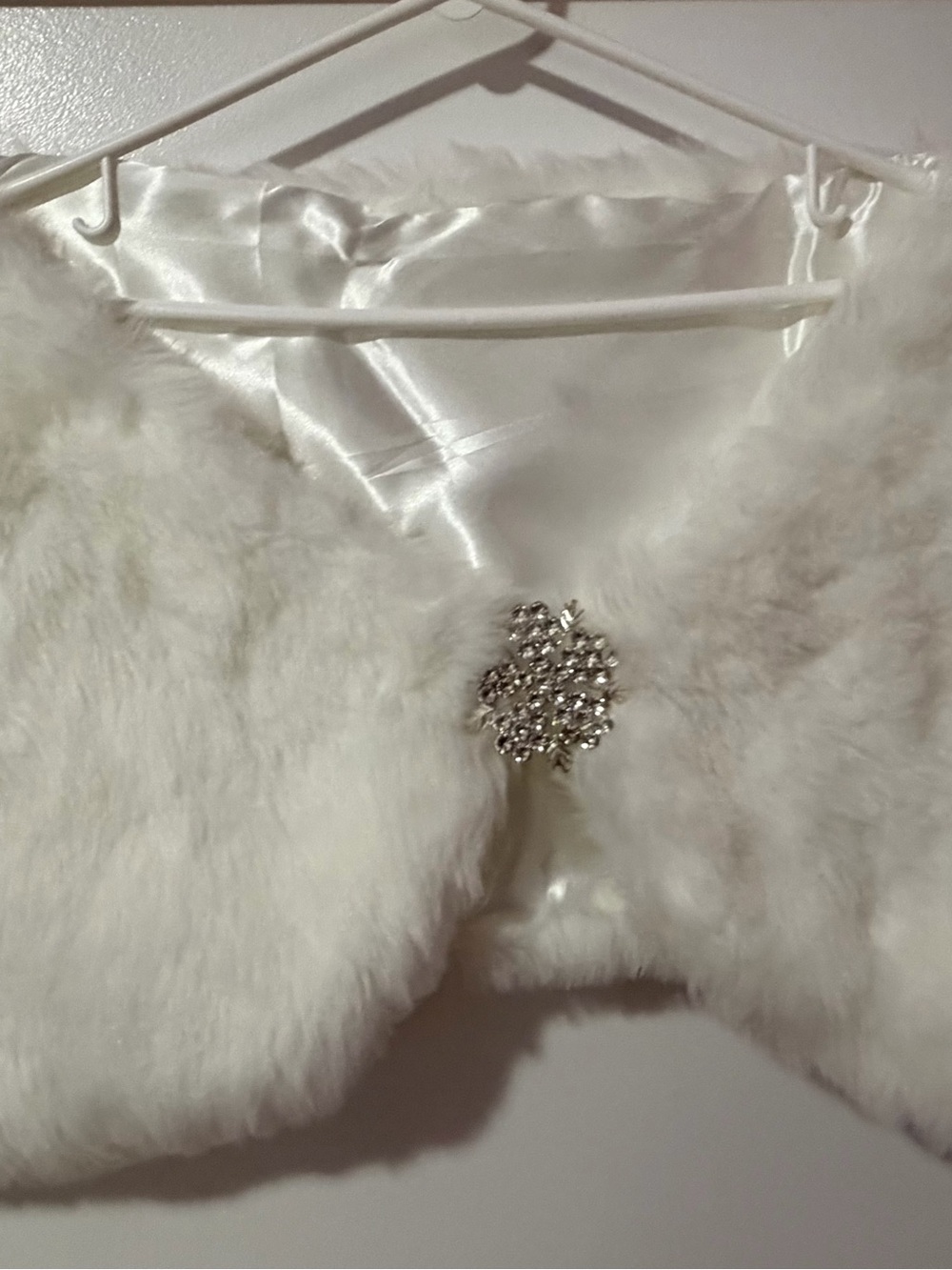 White Faux Fur Bridal Shrug with Silver Crystal Brooch